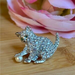 Swarovski Green Eye Kitten with Pearl Ball Brooch, Retired Cat Pin, Signed